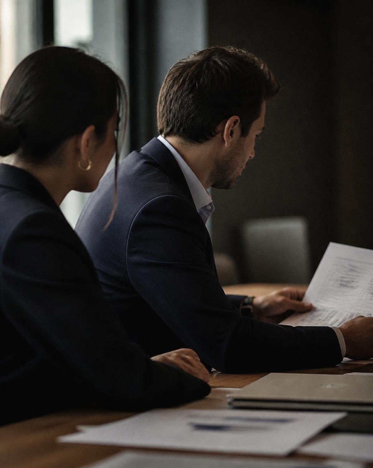 Two colleagues in dark suits reviewing a printed report together at a desk