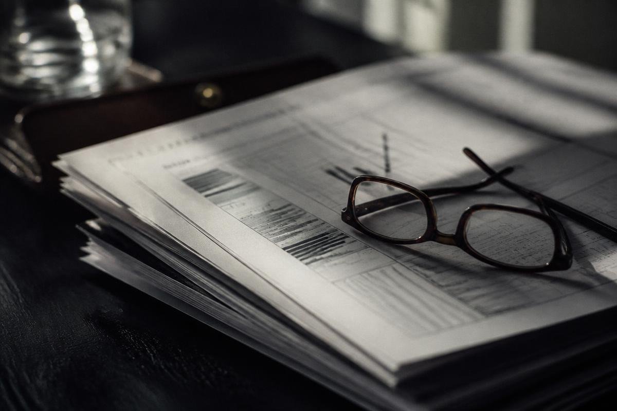 Printed statement pages fanned on a dark desk with reading glasses resting on top