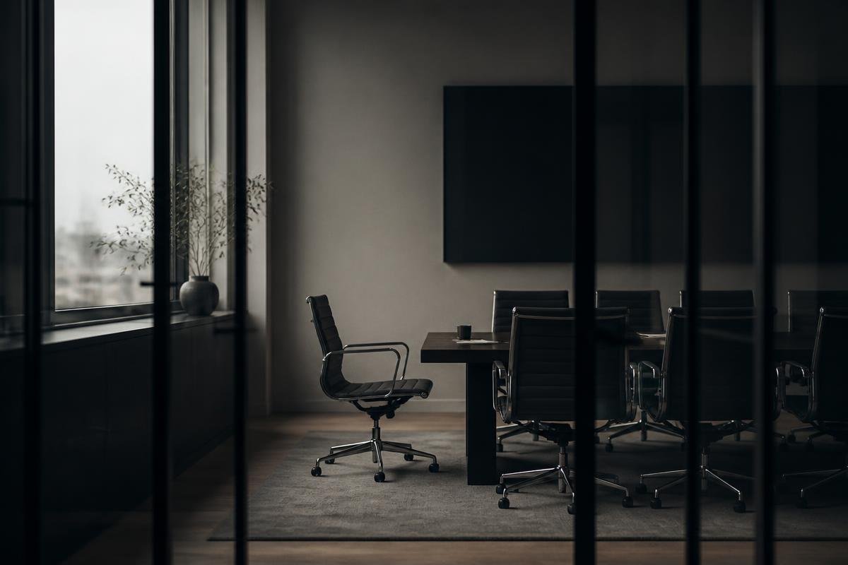 An empty meeting room with a single chair drawn out, seen through a glass partition