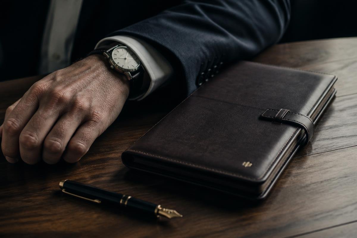 A closed leather folio and fountain pen on a walnut desk beside a suited arm